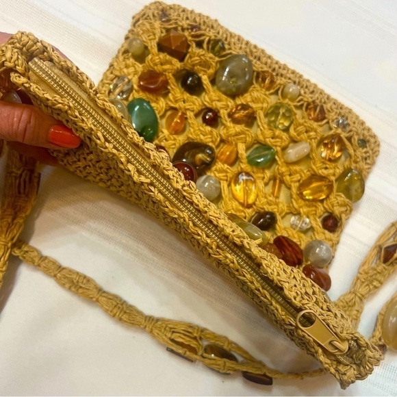 Crossbody Bag Macrame Paper Faux Gemstones Blue Miami NWOT BOHO - Picture 4 of 11